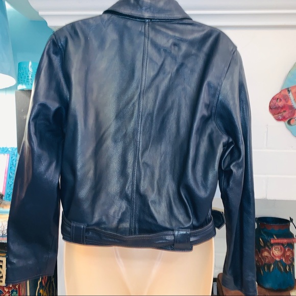 VTG 80s NAVY BLUE ITALIAN LEATHER BIKER JACKET - Picture 4 of 9